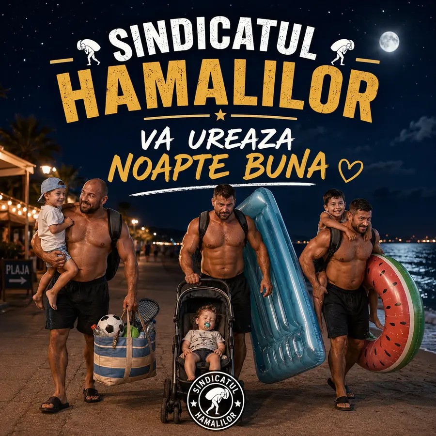 Afiș Sindicatul Hamalilor: tați pe faleză, seara, cărând copii, saltele gonflabile, colaci și cărucior — «vă urează noapte bună»